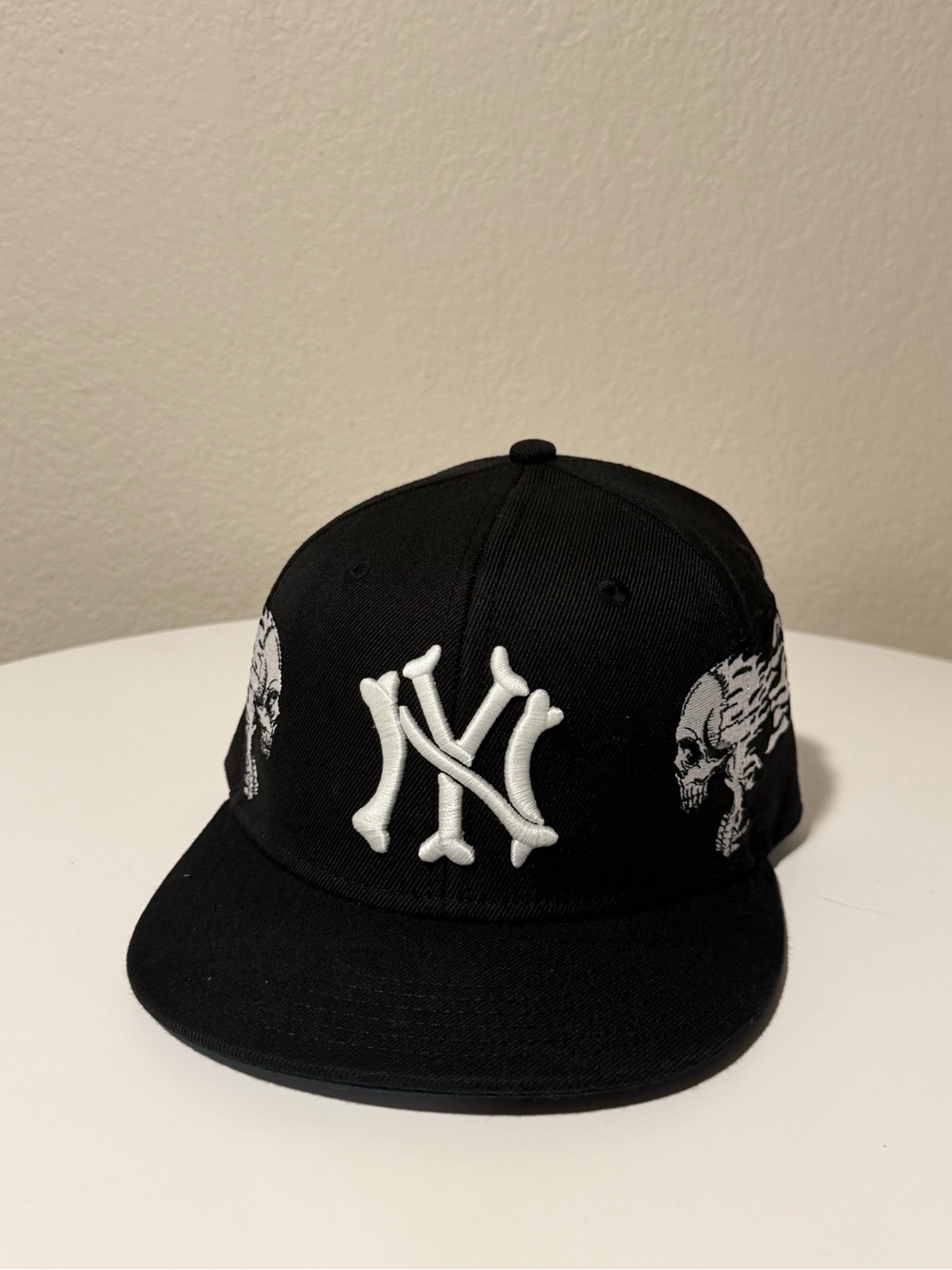 Black Kids Snapback Hat with White Skull Embroidery